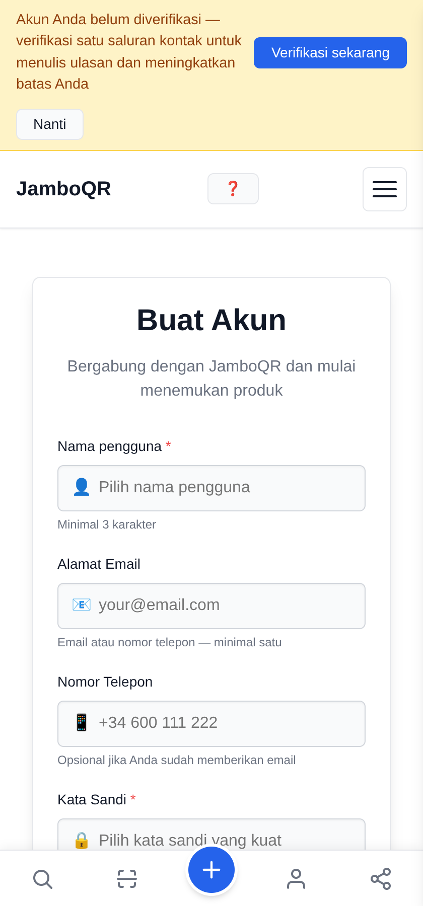 Pasang menu restoran Anda di sebuah kode QR, gratis Buat akun Anda