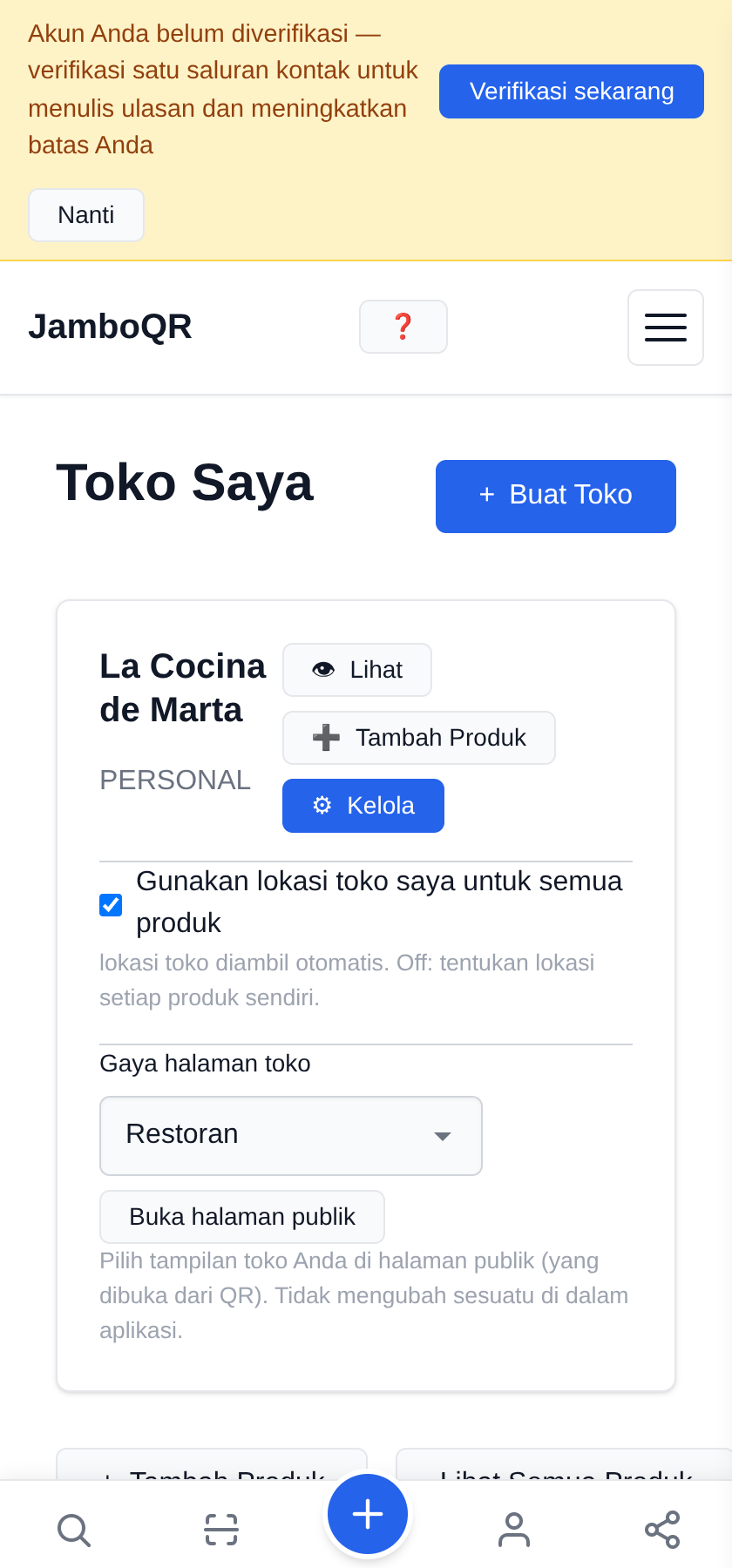 Pasang menu restoran Anda di sebuah kode QR, gratis Toko Anda sudah ada