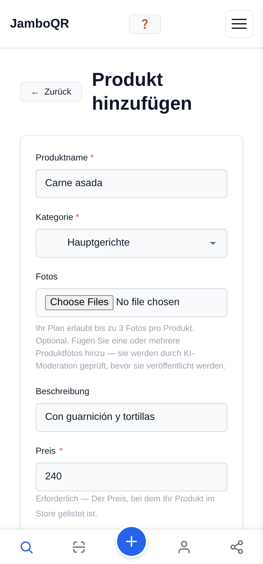 Bringen Sie Ihre Speisekarte kostenlos auf einen QR-Code Das erste Gericht anlegen