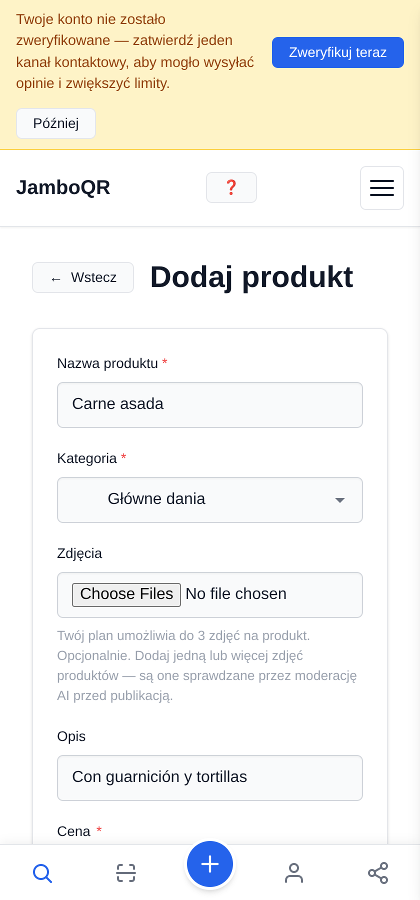 Umieść menu swojej restauracji w kodzie QR — za darmo Dodaj pierwsze danie