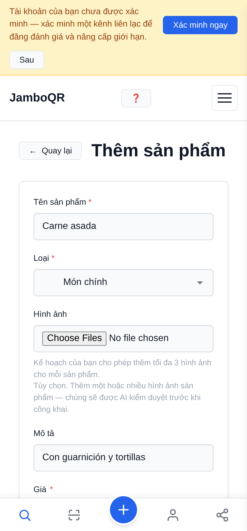 Đưa thực đơn nhà hàng của bạn lên một mã QR, miễn phí Thêm món đầu tiên