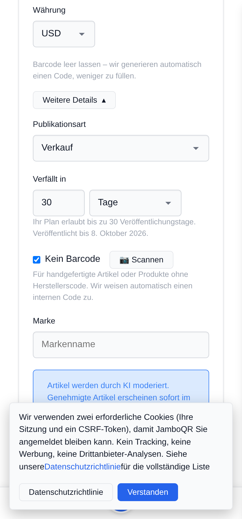 Selbstgebackenes verkaufen: Kuchen, Kekse und Törtchen Kein Barcode: Häkchen setzen