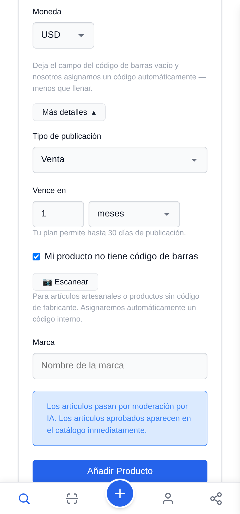 Sin código de barras: marca la casilla