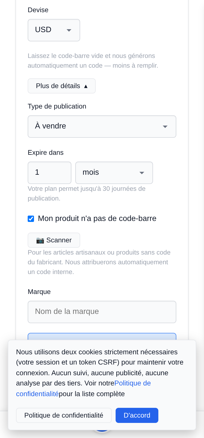 Pas de code-barre : cochez la case
