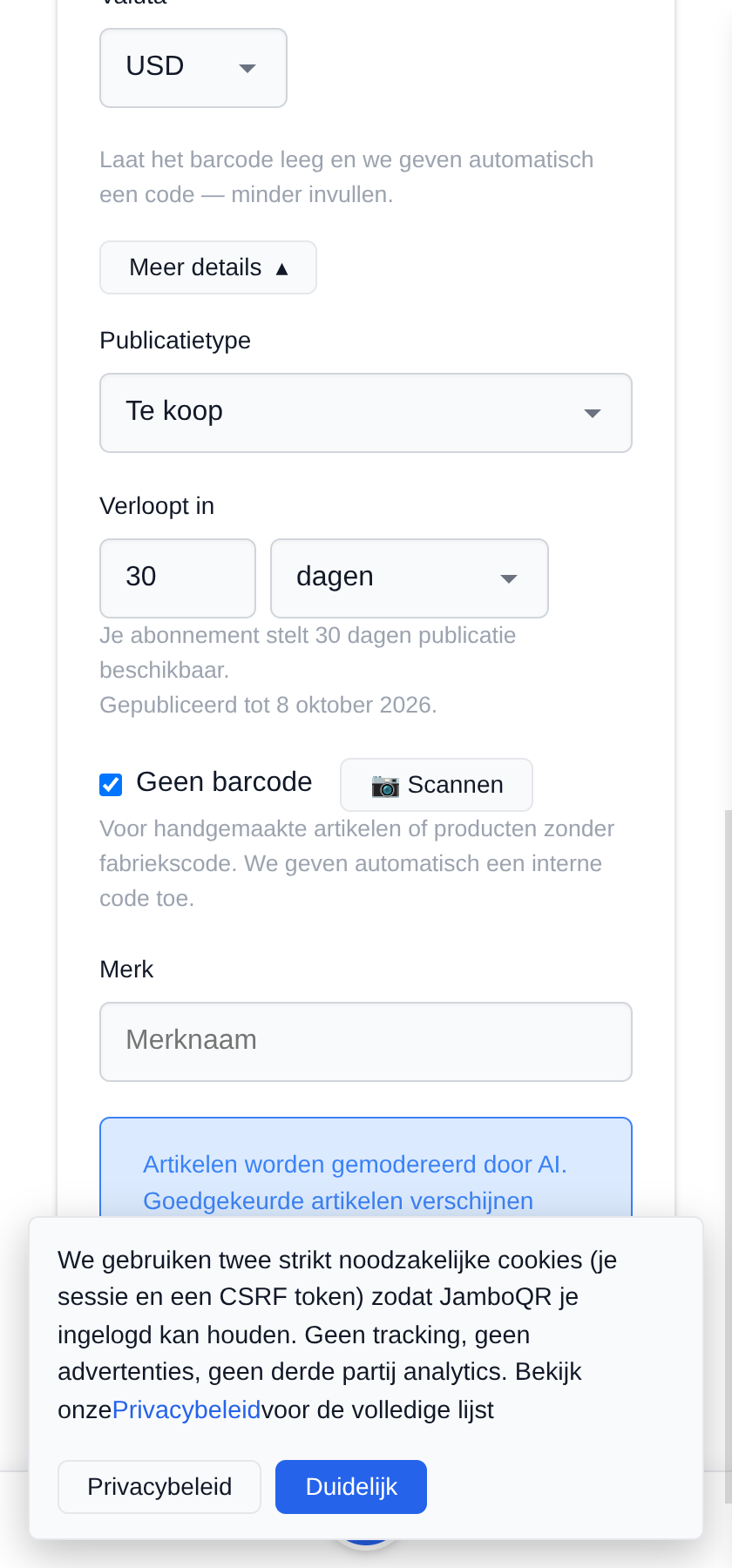 Zelfgebakken verkopen: taarten, koekjes en gebak Geen streepjescode: vink het vakje aan