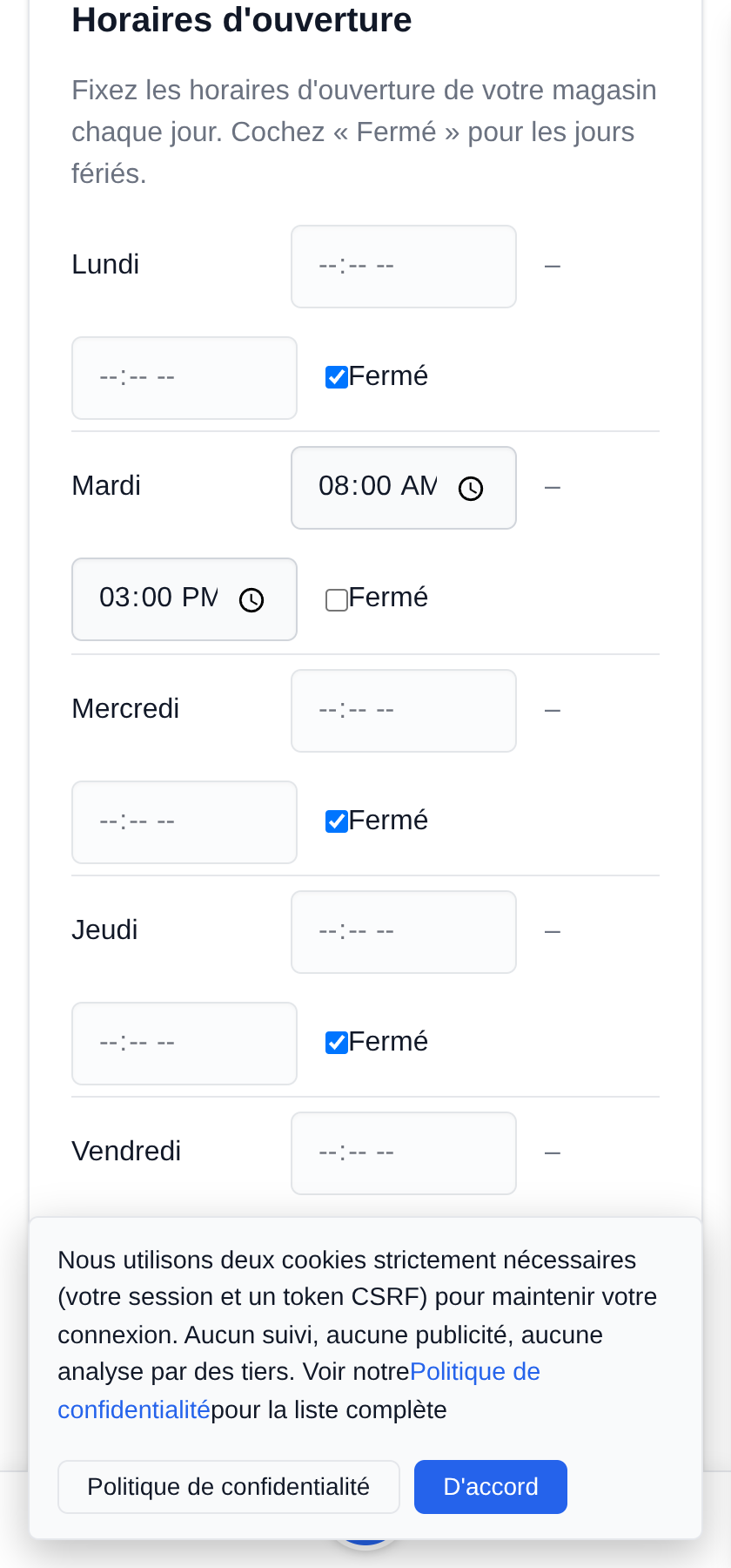 Ma boutique mobile : un étal, un endroit différent chaque jour Ne cochez que les jours où vous sortez