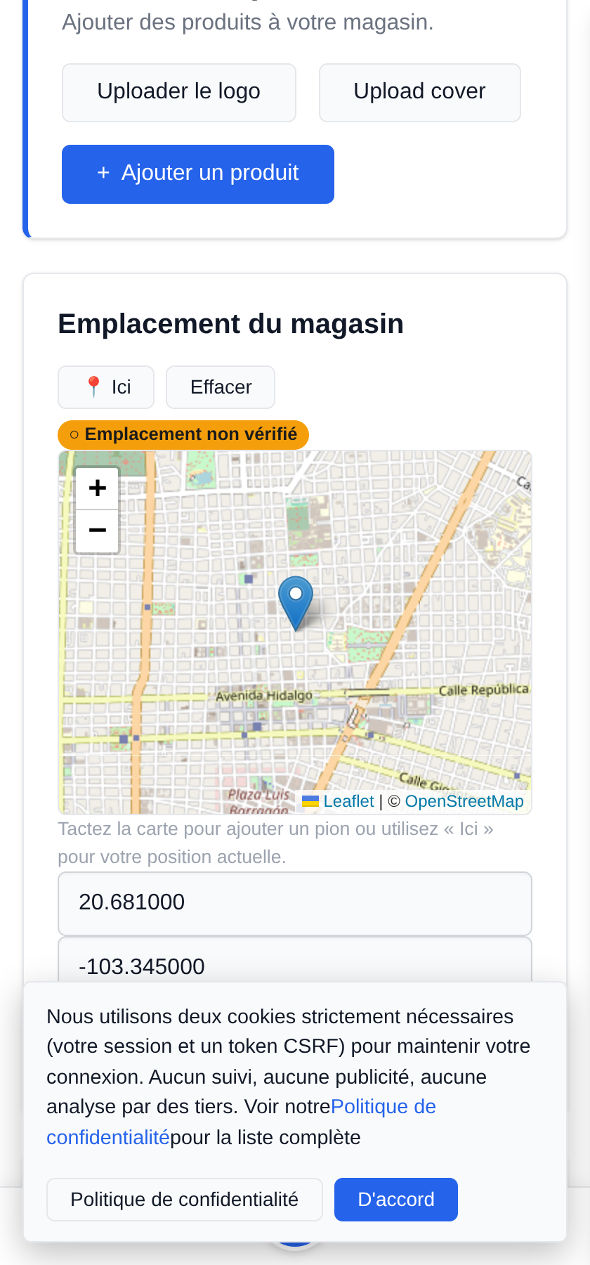 Ma boutique mobile : un étal, un endroit différent chaque jour En montant l'étal, touchez « Ici »
