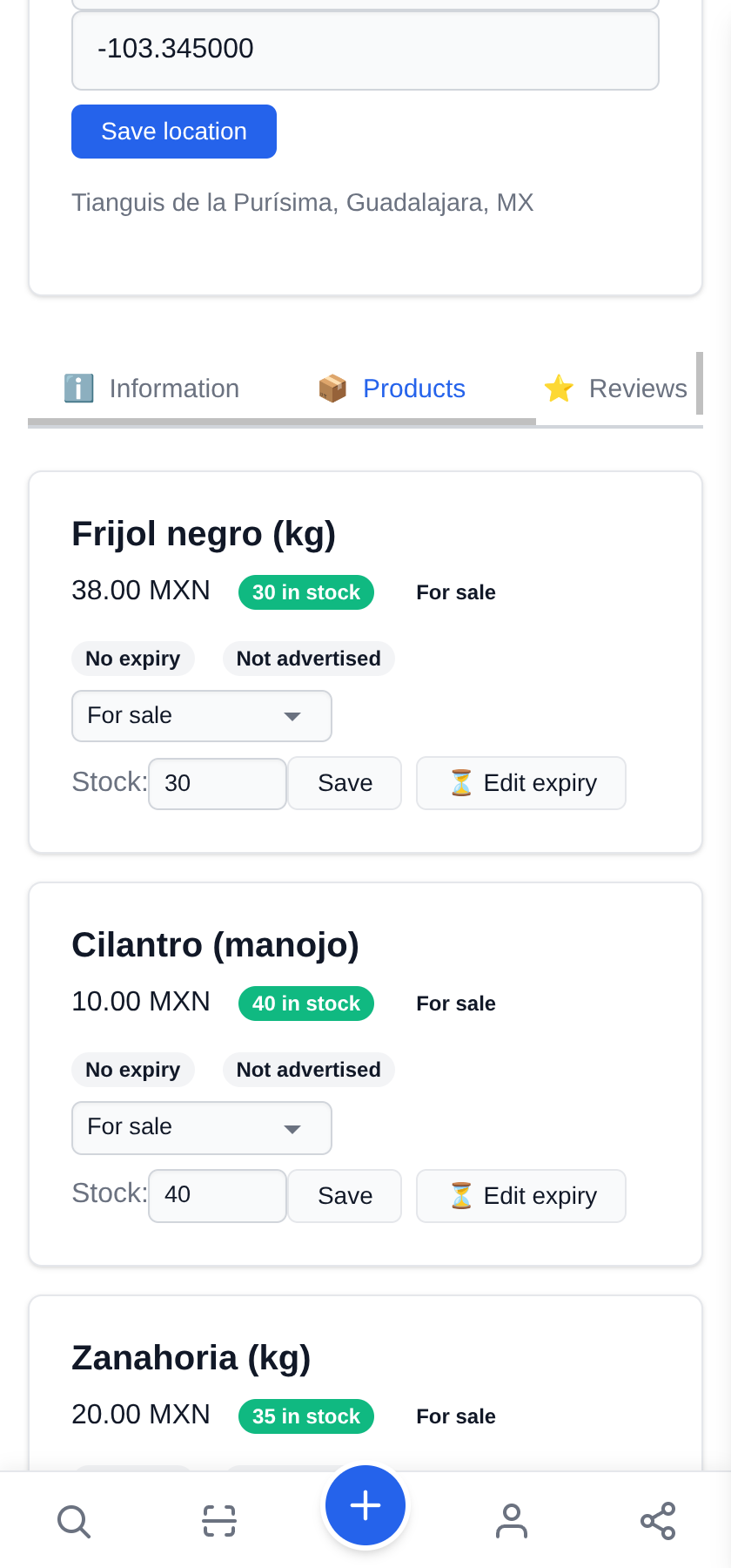 My mobile store: one stall, a different spot every day Sold out: set the stock to zero
