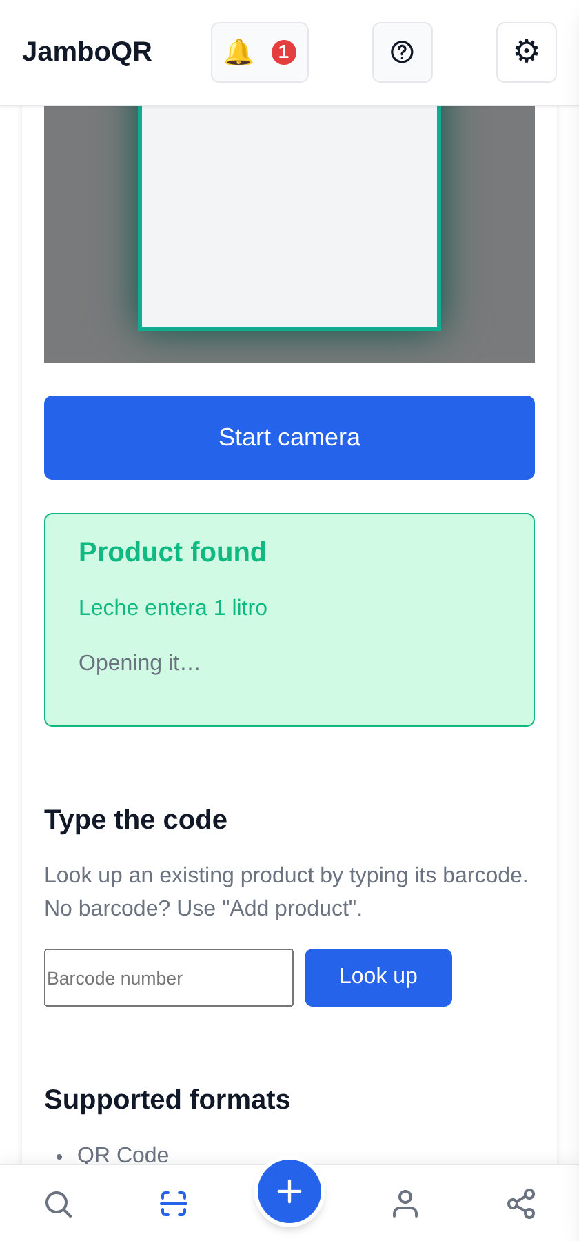 JamboQR, the app for scanning QR codes "Product found"