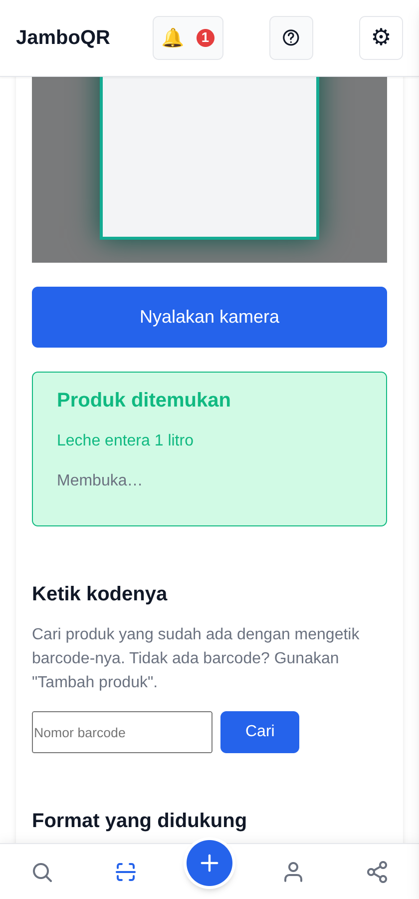 JamboQR, aplikasi untuk memindai kode QR «Produk ditemukan»