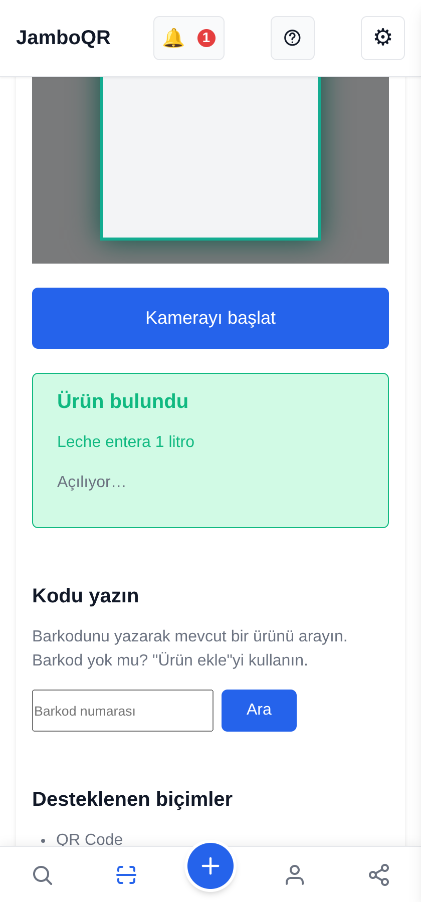 JamboQR, QR kod taramak için uygulama «Ürün bulundu»