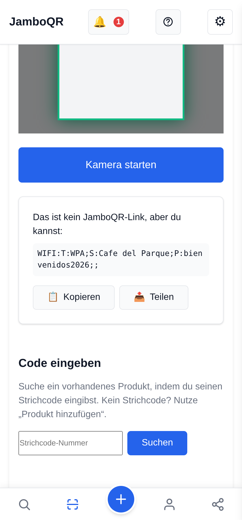 JamboQR, die App zum Scannen von QR-Codes Das WLAN-Passwort und andere Texte