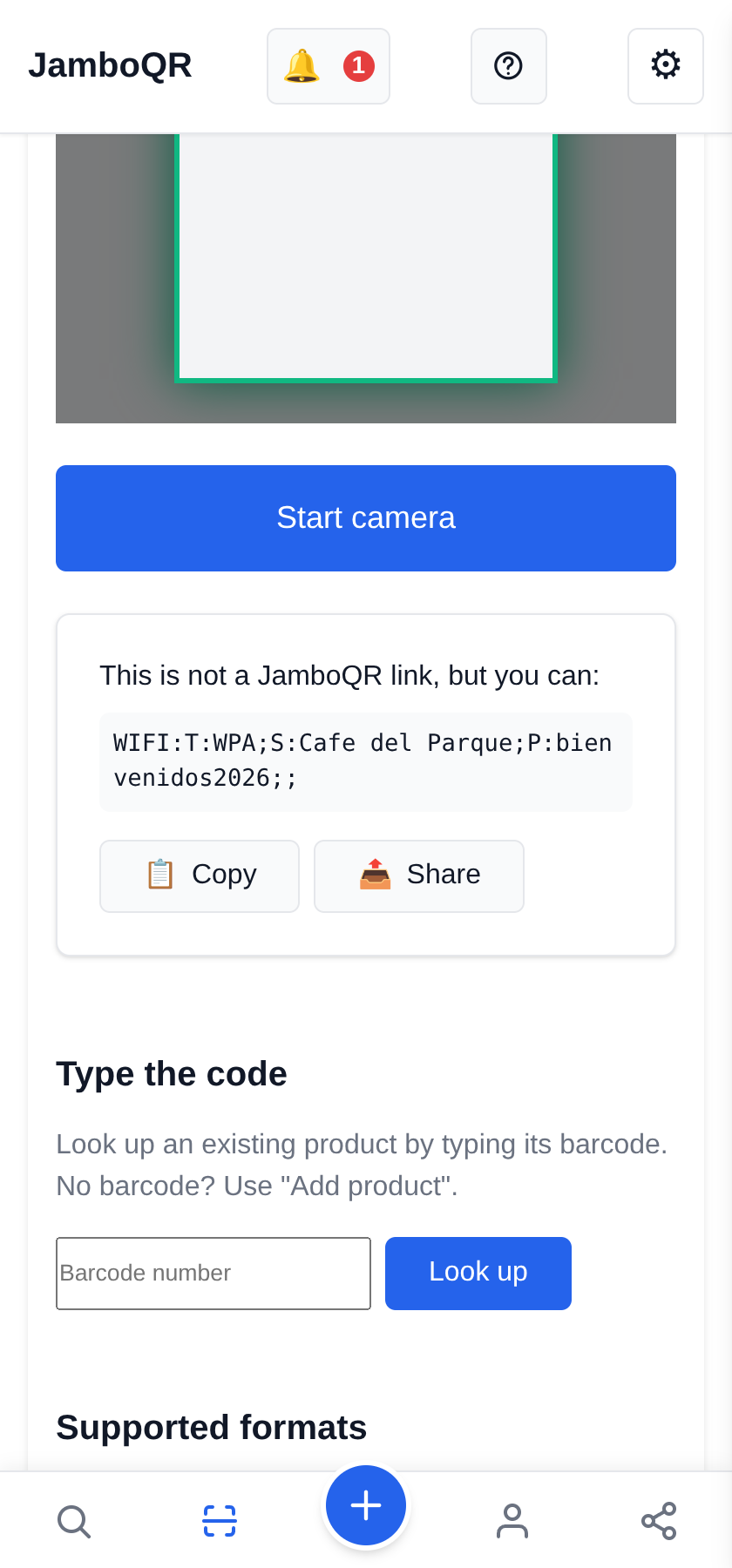 JamboQR, the app for scanning QR codes The wifi password and other text