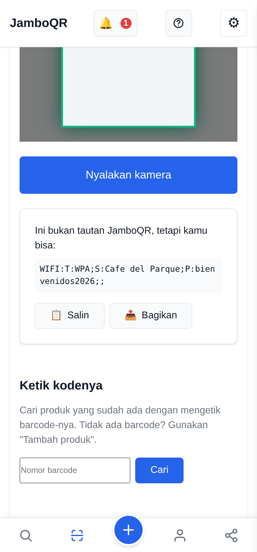 JamboQR, aplikasi untuk memindai kode QR Kata sandi wifi dan teks lainnya