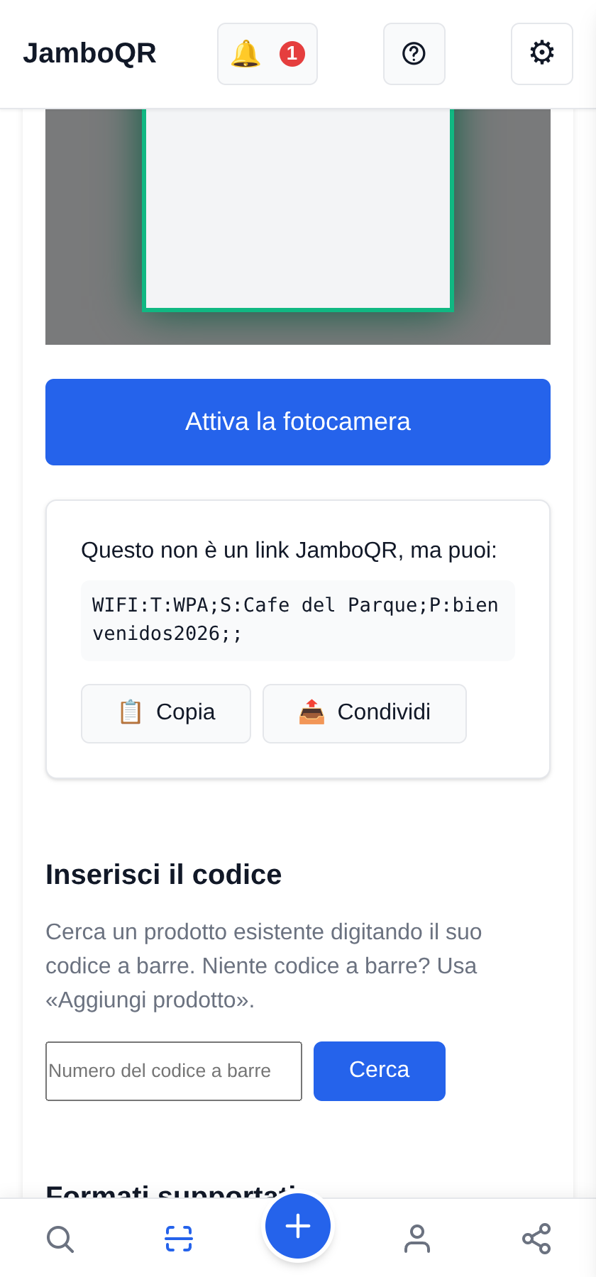 JamboQR, l'app per scansionare i codici QR La password del wi-fi e altri testi