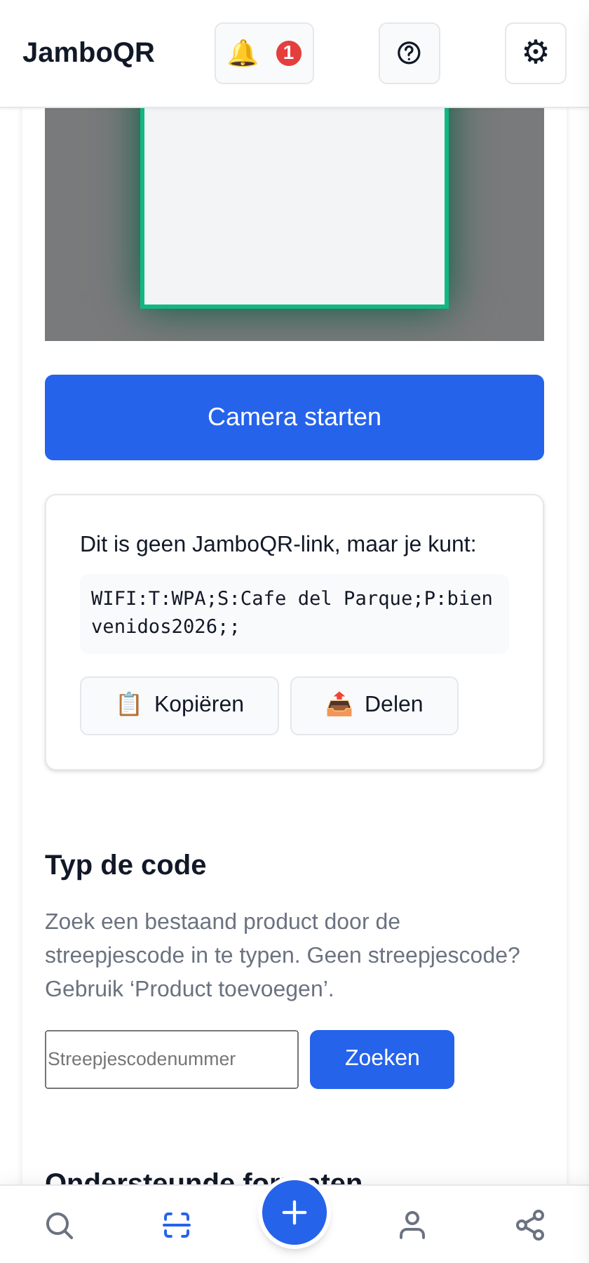 JamboQR, de app om QR-codes te scannen Het wifi-wachtwoord en andere tekst