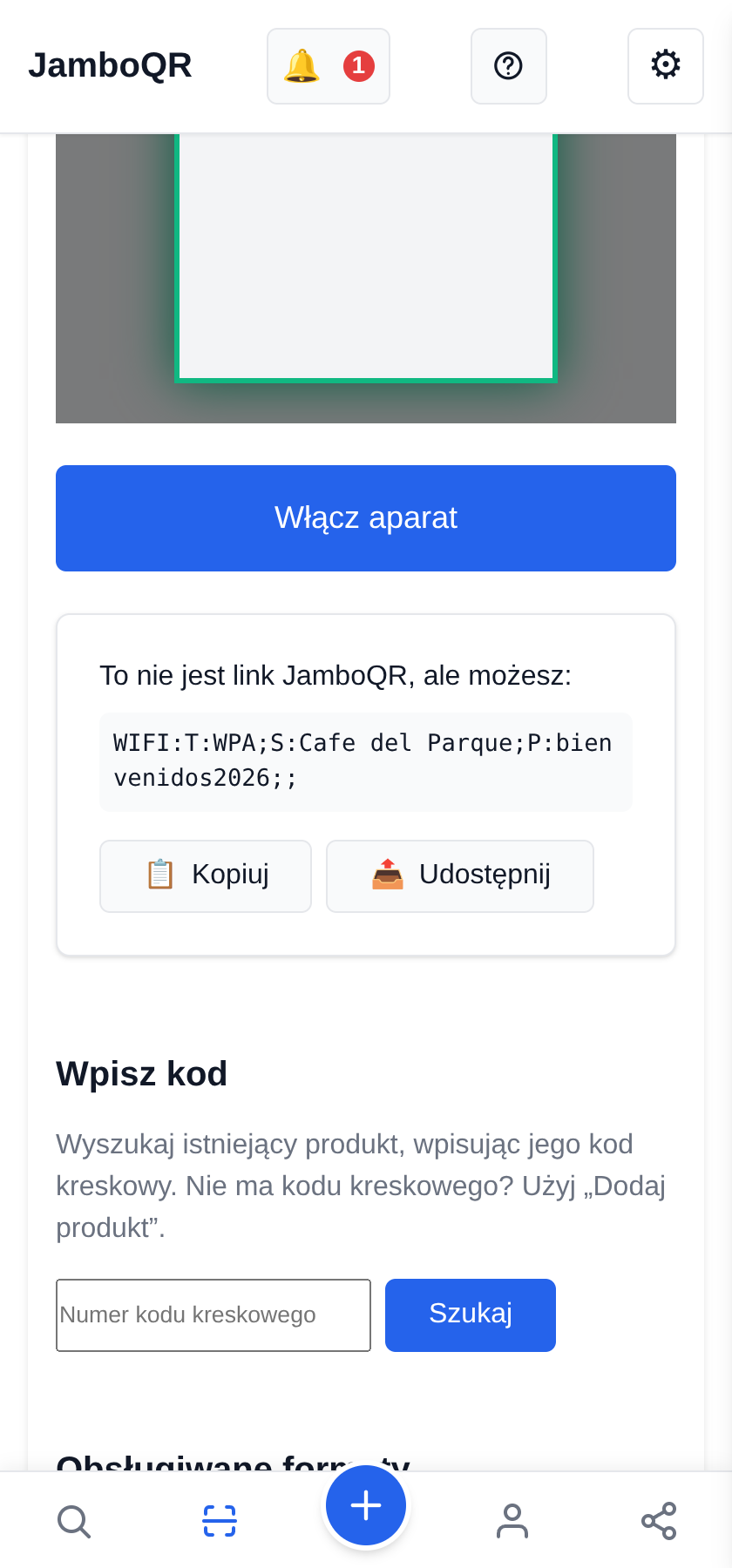 JamboQR, aplikacja do skanowania kodów QR Hasło do wi-fi i inne teksty