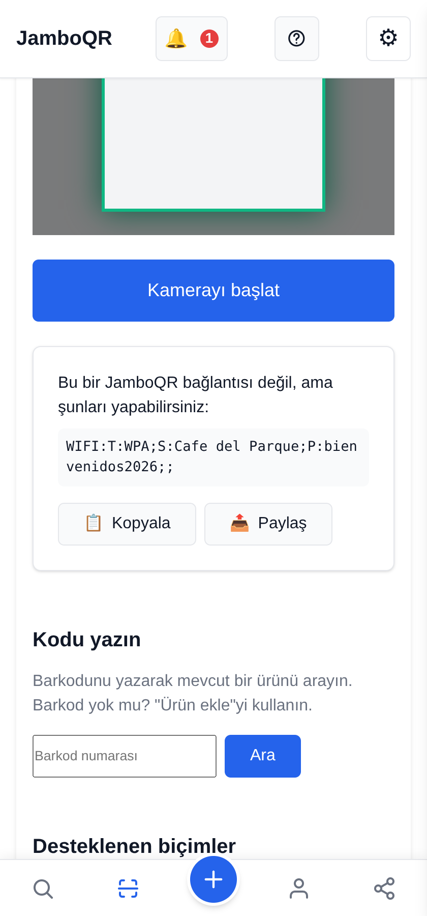 JamboQR, QR kod taramak için uygulama Wifi şifresi ve diğer metinler