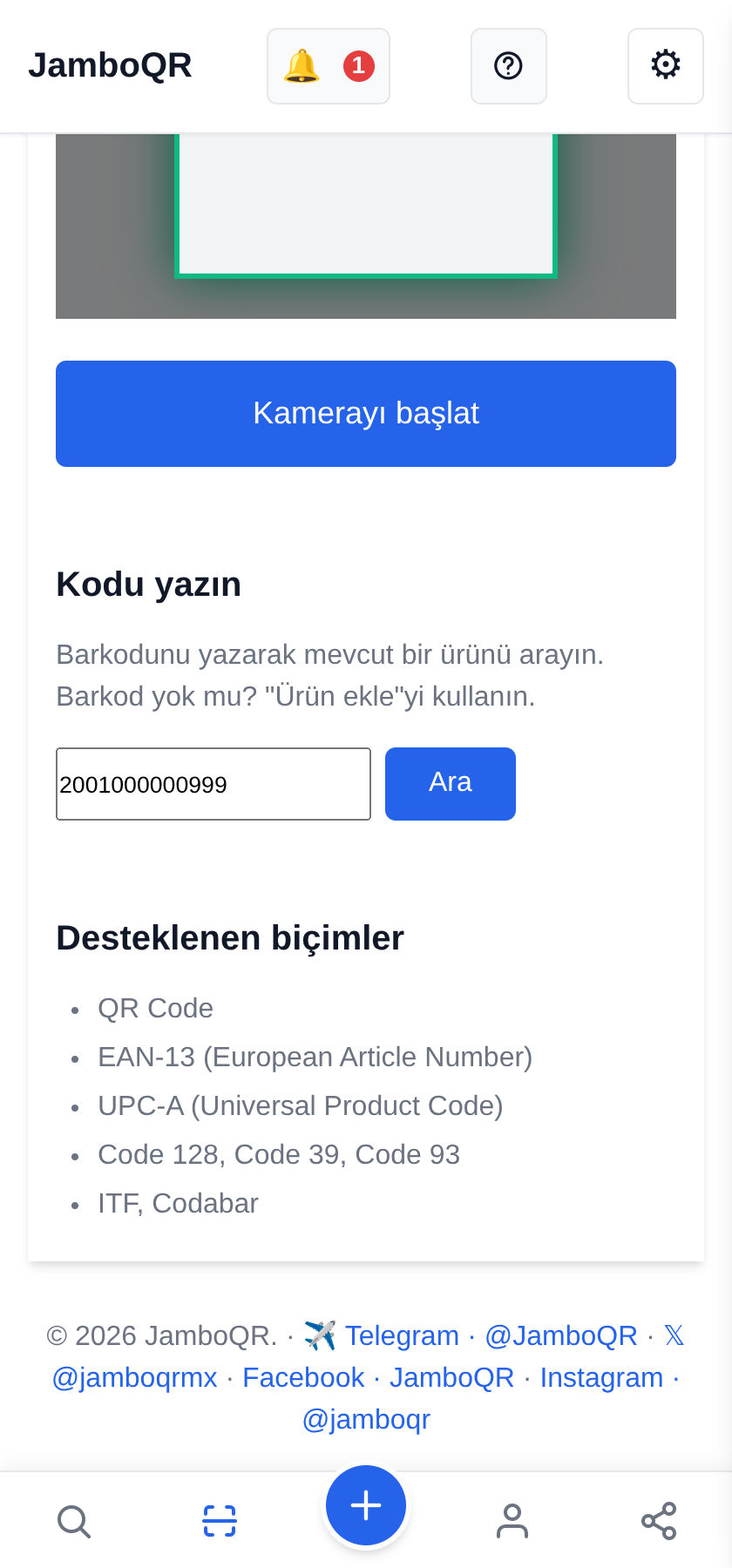 JamboQR, QR kod taramak için uygulama Bir ürünü barkoduyla arayın