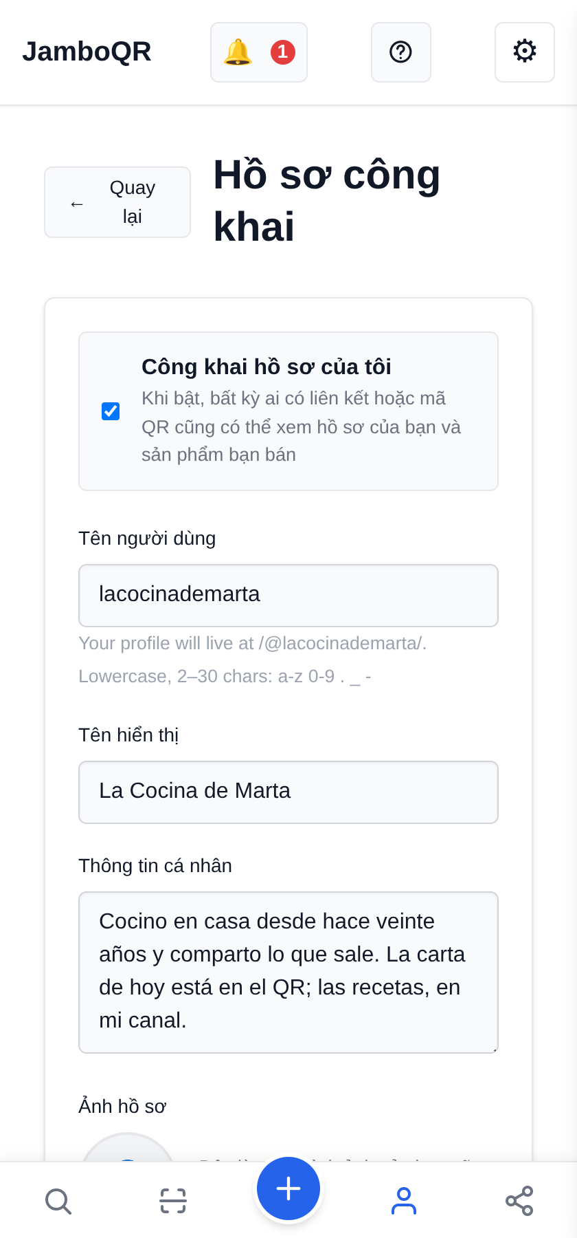 Mở Hồ sơ công khai và chọn tên