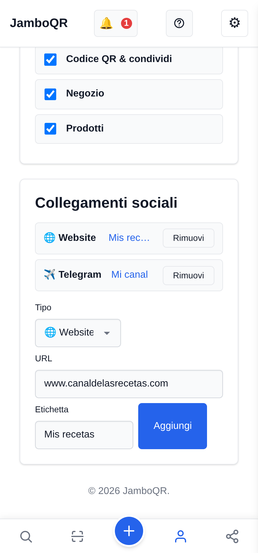 Metti i tuoi social sul profilo pubblico Aggiungi il tuo sito
