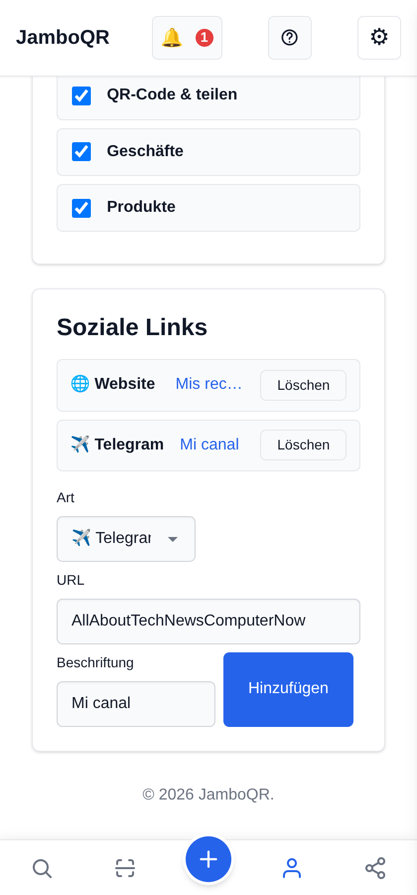 Deine Links auf dein öffentliches Profil Deinen Telegram-Kanal hinzufügen (der Name, nicht die Adresse)
