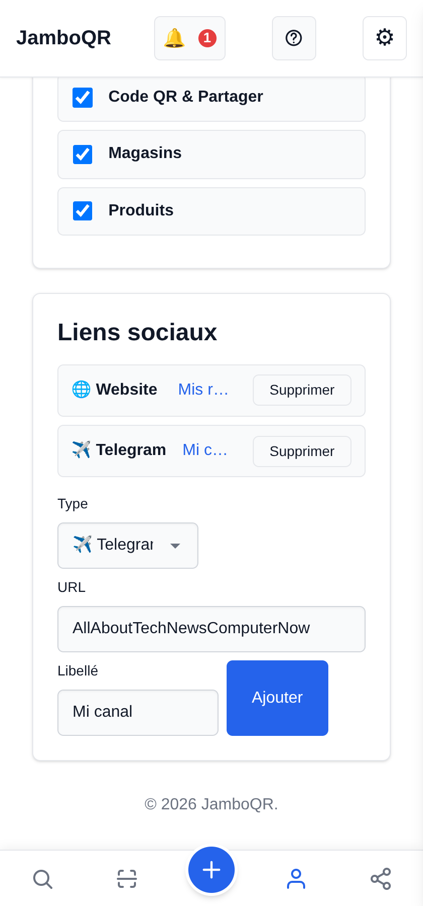 Ajoutez votre chaîne Telegram (le pseudo, pas l'adresse)