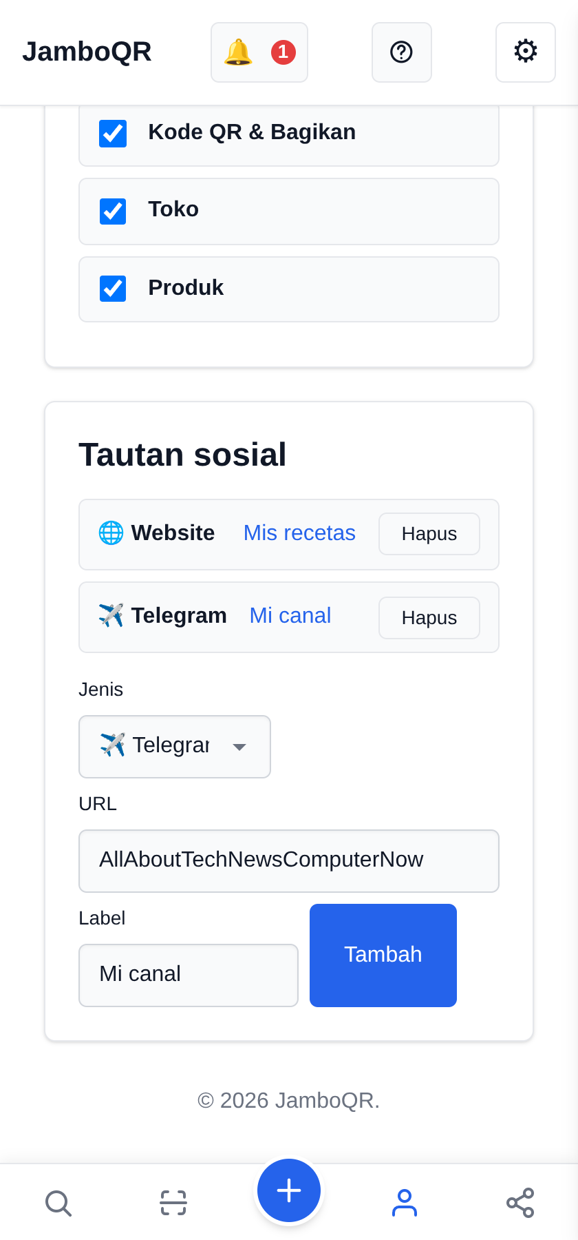 Tambahkan kanal Telegram (di sini nama pengguna, bukan alamat)
