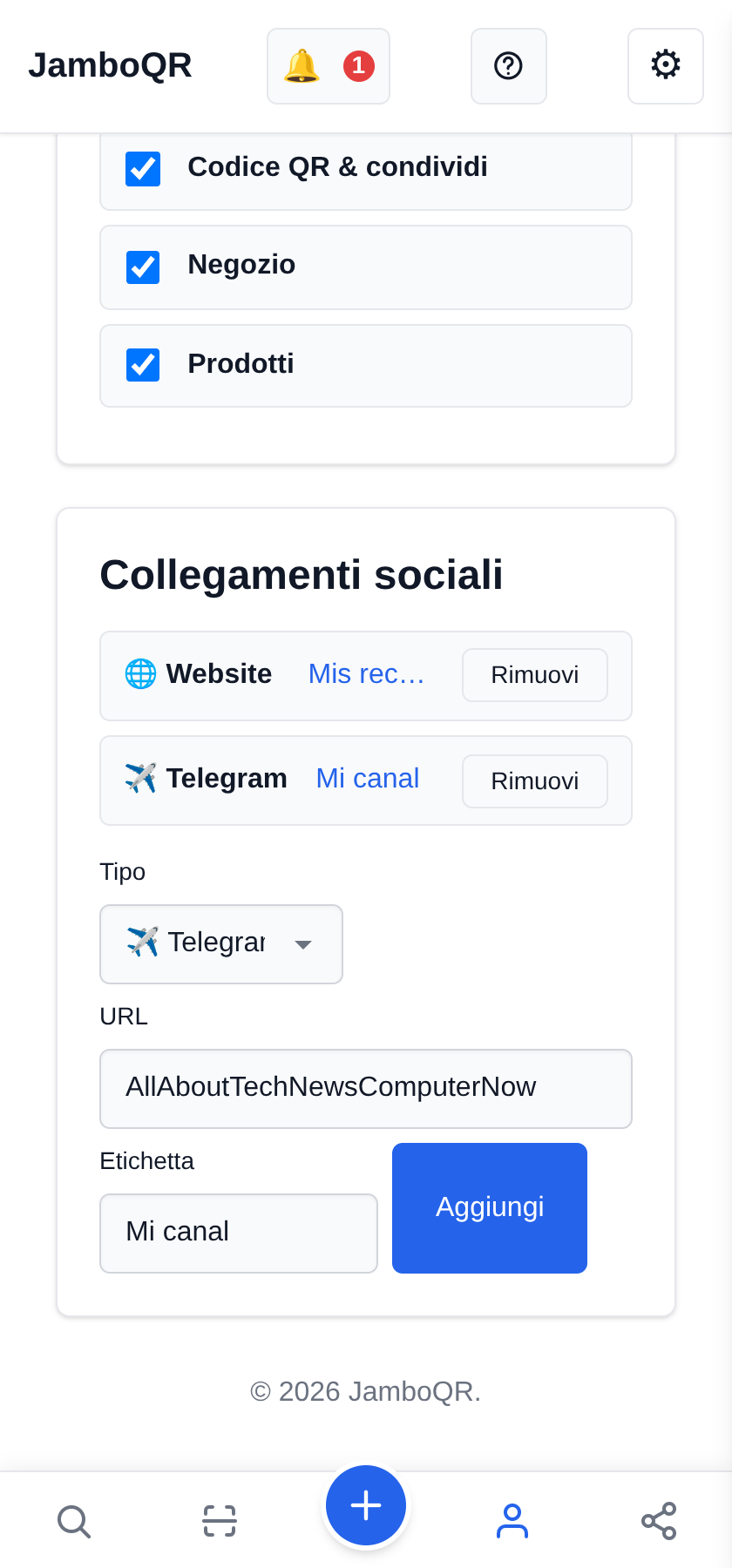 Metti i tuoi social sul profilo pubblico Aggiungi il canale Telegram (qui va il nome utente, non l'indirizzo)