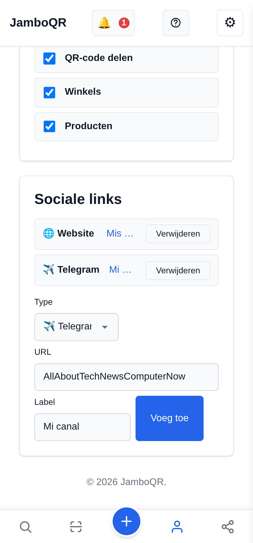 Voeg je Telegram-kanaal toe (de gebruikersnaam, niet het adres)