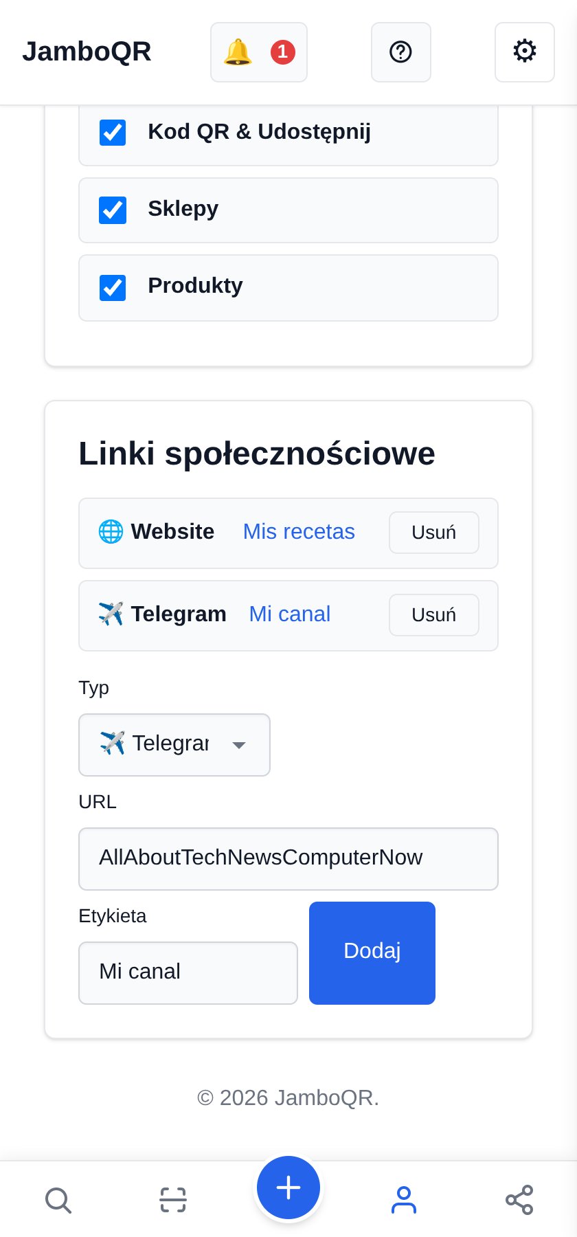Umieść swoje linki na profilu publicznym Dodaj kanał na Telegramie (nazwa użytkownika, nie adres)