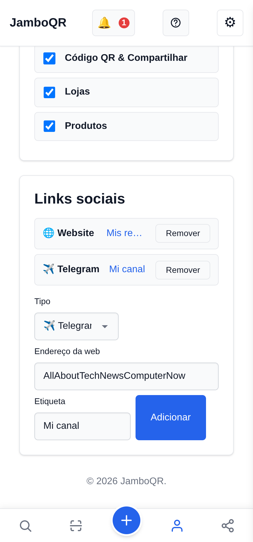 Coloque suas redes no seu perfil público Adicione seu canal do Telegram (aqui vai o usuário, não o endereço)