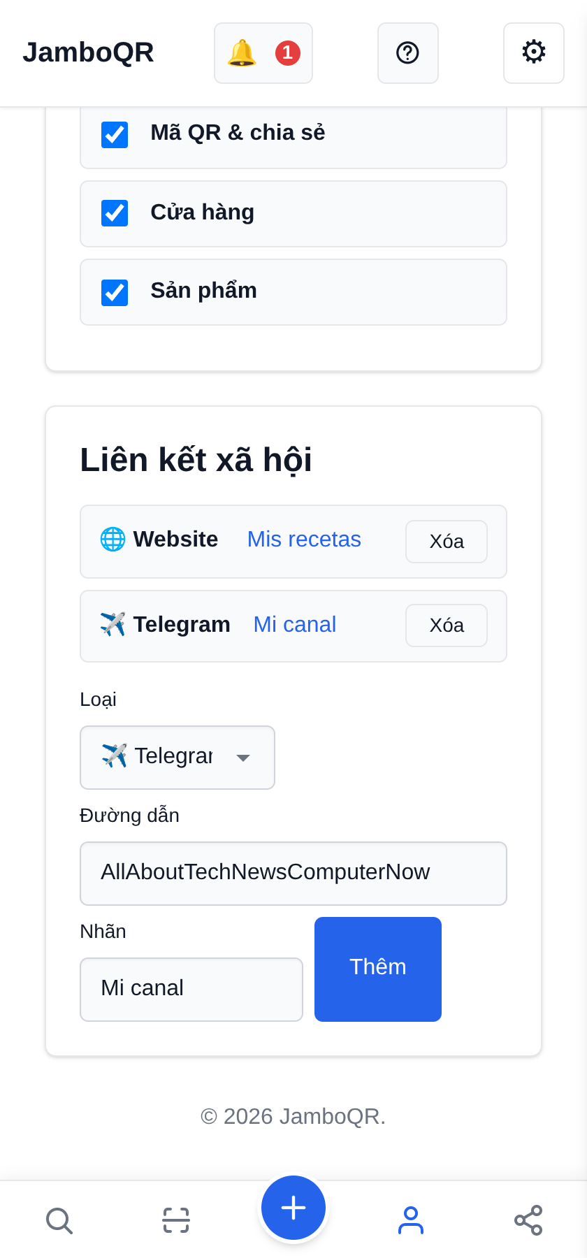 Thêm kênh Telegram (ở đây là tên người dùng, không phải địa chỉ)