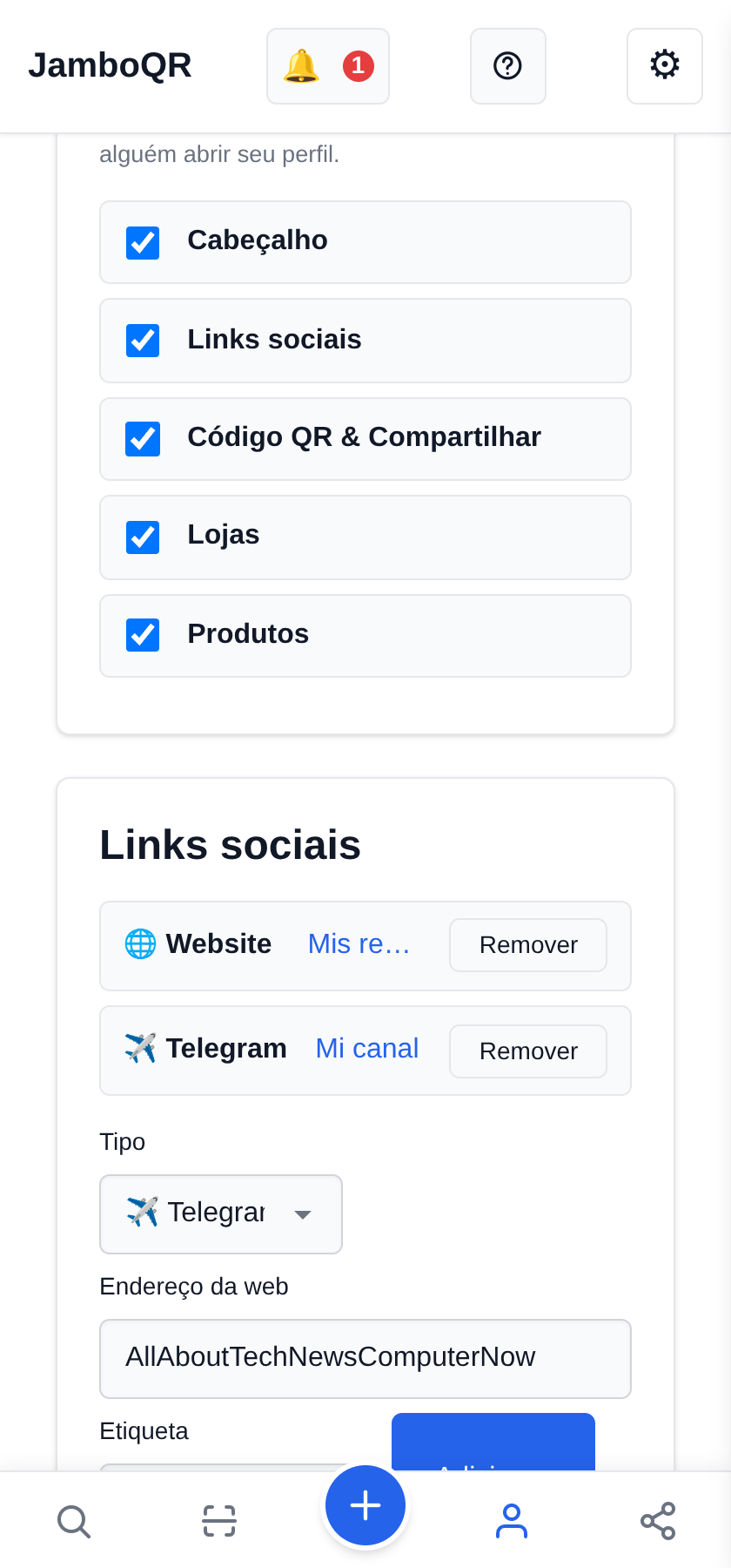 Coloque suas redes no seu perfil público Decida o que aparece