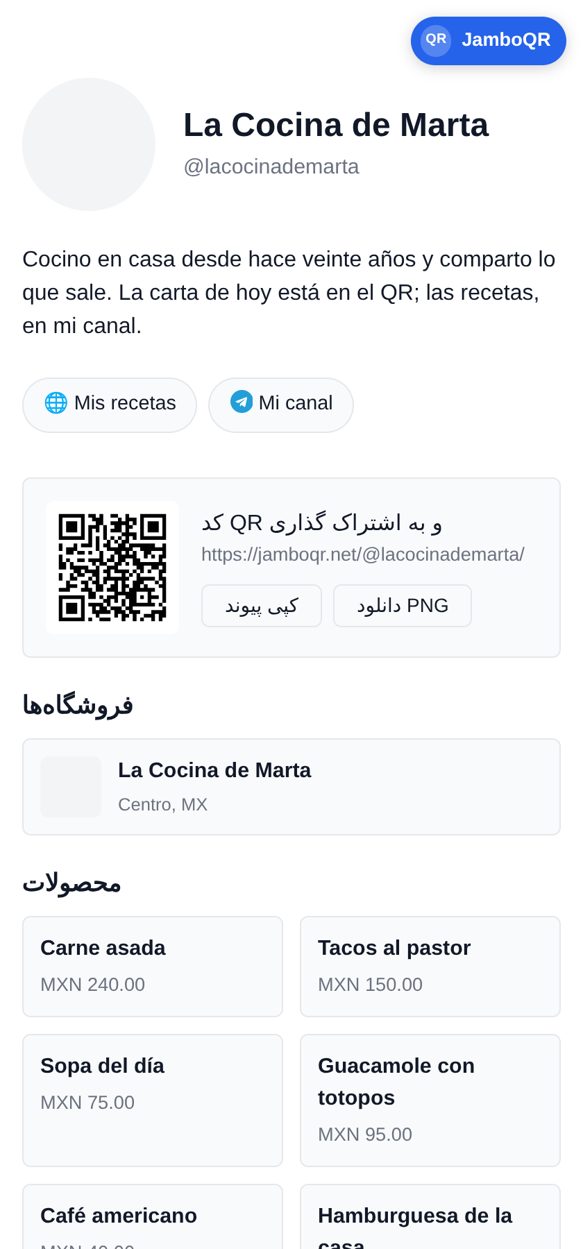 JamboQR: با یک QR اسکن کنید، به اشتراک بگذارید و کارتان را نشان دهید نمایهٔ عمومی شما: همهچیزتان پشت یک پیوند